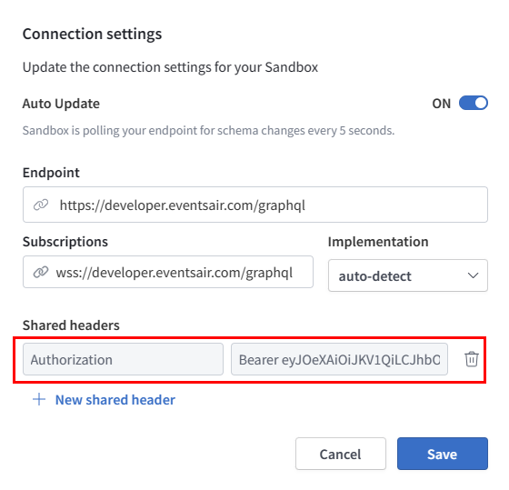 A screenshot of the Apollo Sandbox Connection settings interface with a red rectangle highlighting the &quot;Authorization&quot; header to be added.