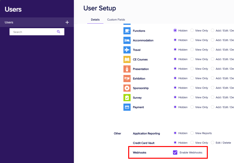 EventsAir User Setup screen showing the Enable webhooks permission for an API key