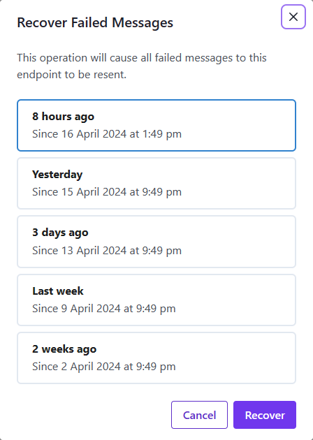 Dialog showing selection time windows to select from to resend webhook messages